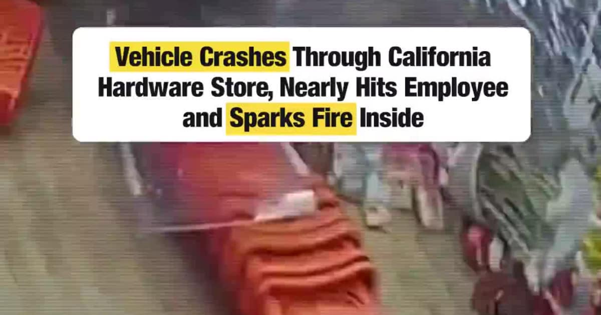 Vehicle Crashes Through California Hardware Store, Nearly Hits Employee and Sparks Fire Inside