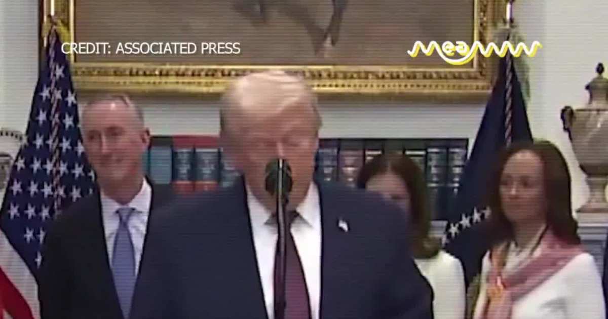 Trump jokes with reporter after press camera falls over