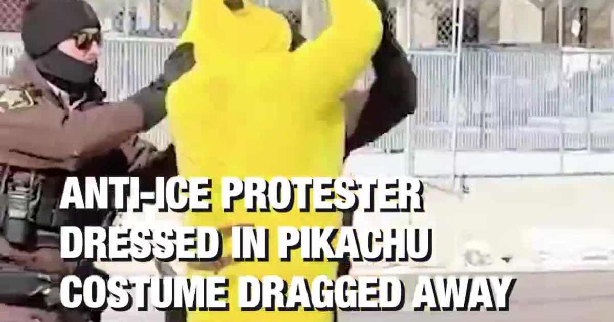 An anti-ICE demonstrator dressed up in a Pikachu costume was detained by authorities during protest activity outside the Whipple Federal Building in St Paul, Minnesota, on Monday, January 19.