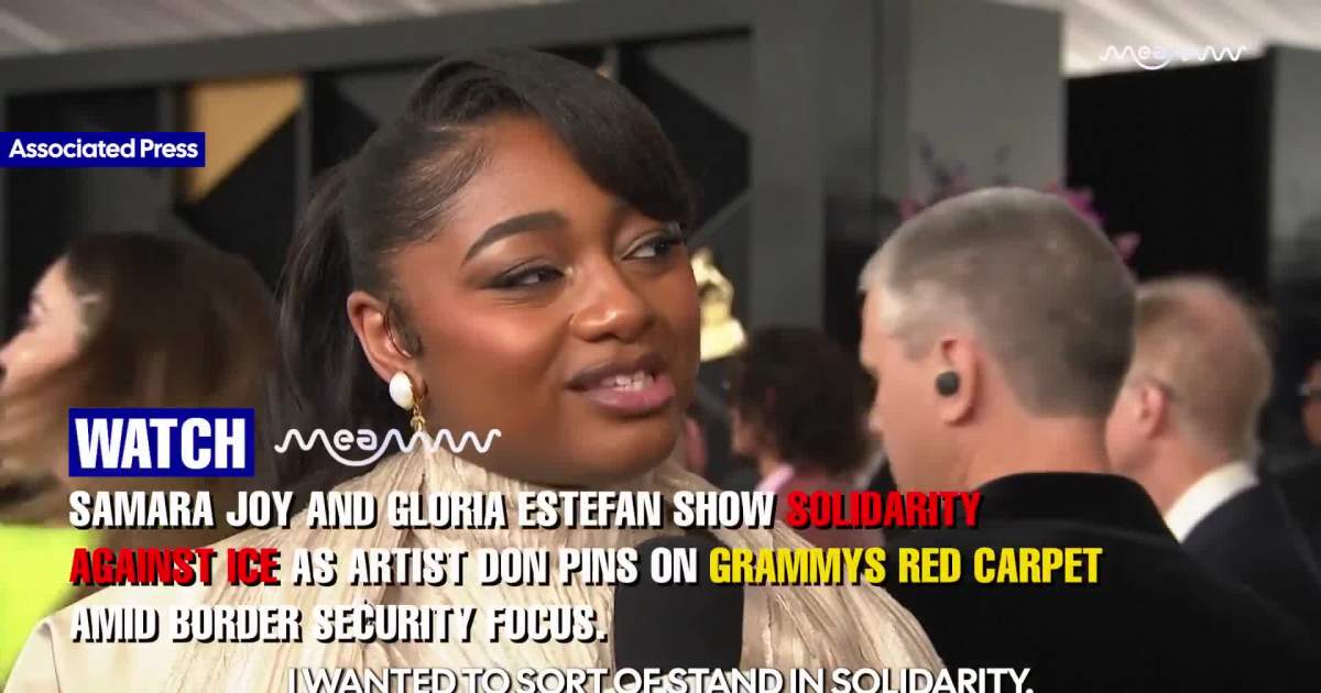 Samara Joy and Gloria Estefan show solidarity against ICE as artist don pins on Grammys red carpet amid border security focus.