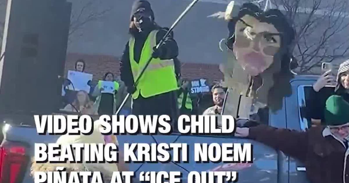Video Raises Eyebrows as Child Hits Kristi Noem Piñata at “ICE OUT” Rally in Minneapolis