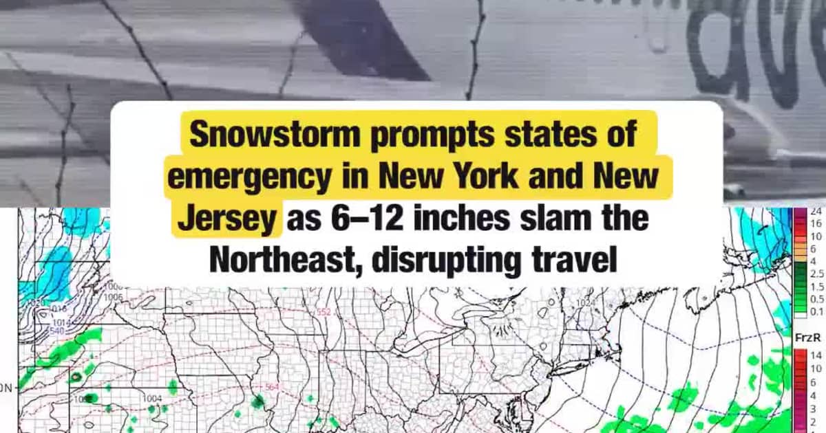 Snowstorm prompts states of emergency in New York and New Jersey as 6–12 inches slam the Northeast, disrupting travel
