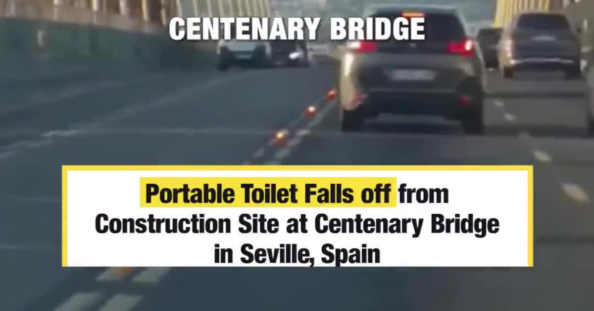 Portable Toilet Falls off from Construction Site at Centenary Bridge in Seville, Spain